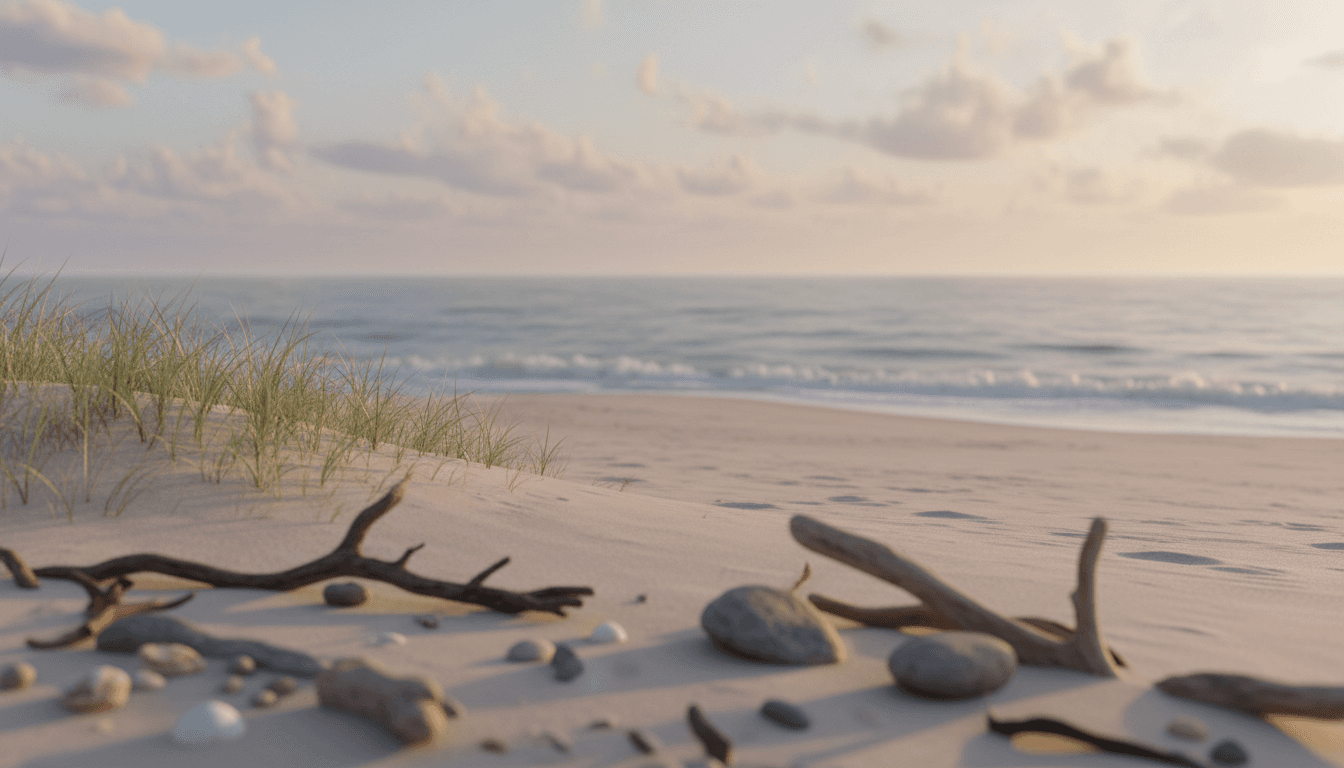 Peaceful coastal beach scene with calm waves and golden hour lighting