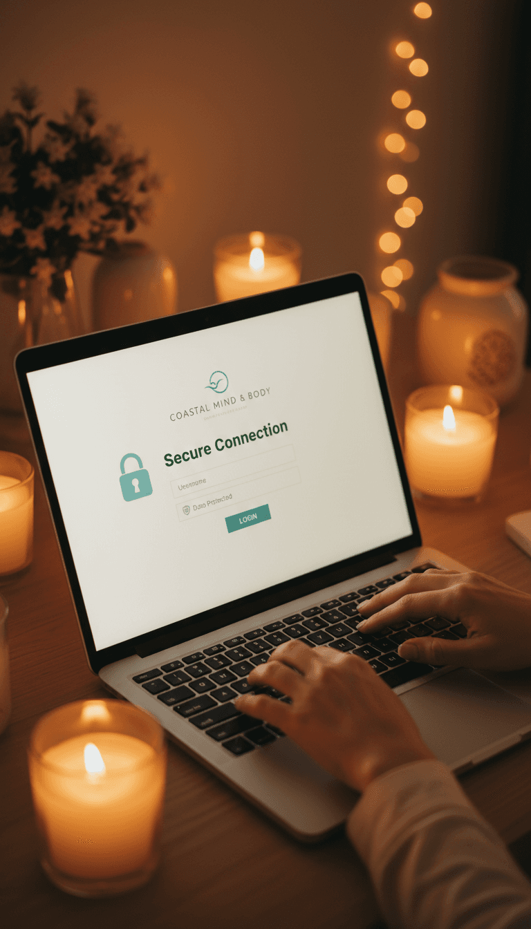 Secure login screen on a laptop with soft candlelit ambiance in a home office