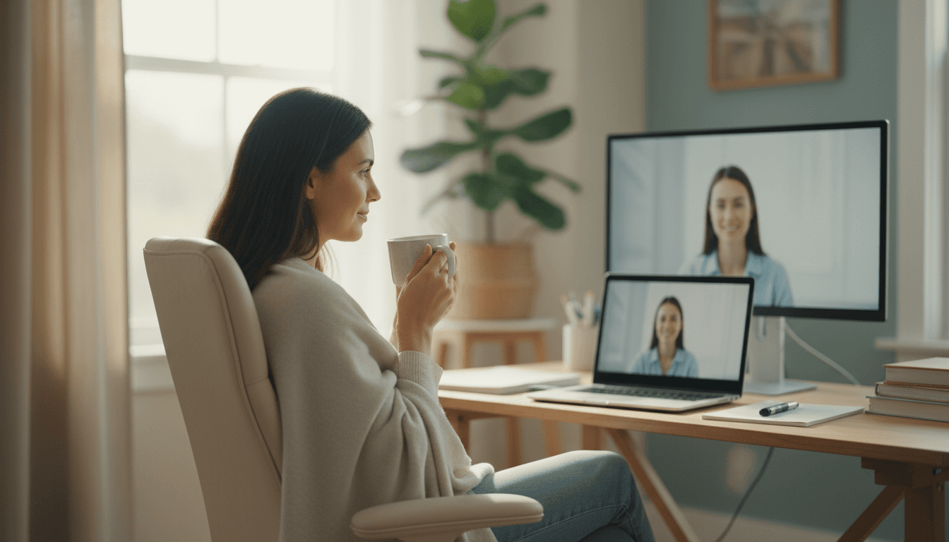 Woman during virtual therapy session looking calm and focused