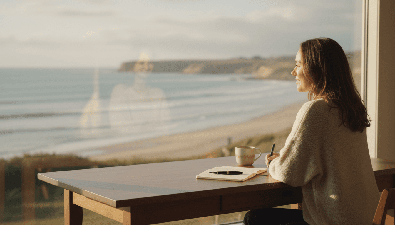 Person sitting peacefully at a desk by a window overlooking the coast, sunlight streaming in