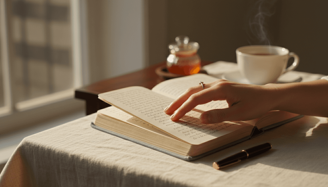 Calm moment of reflection with journal and pen by natural light