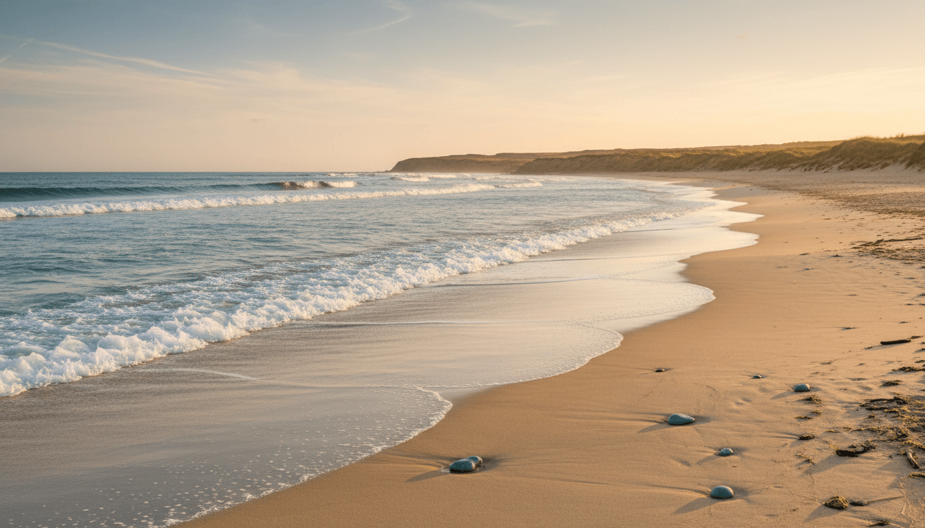 Serene coastal beach with calm waves and warm natural light
