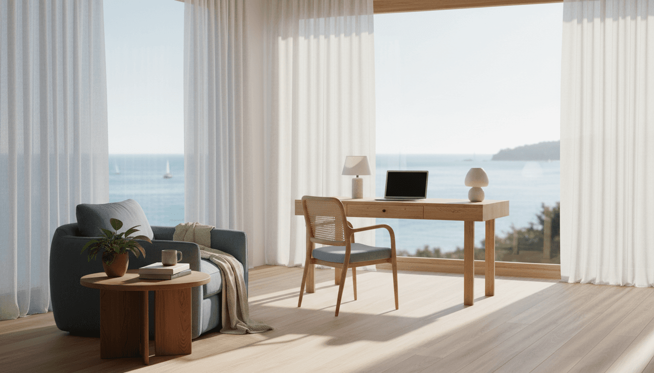 Calm coastal therapy space with soft morning light and ocean view