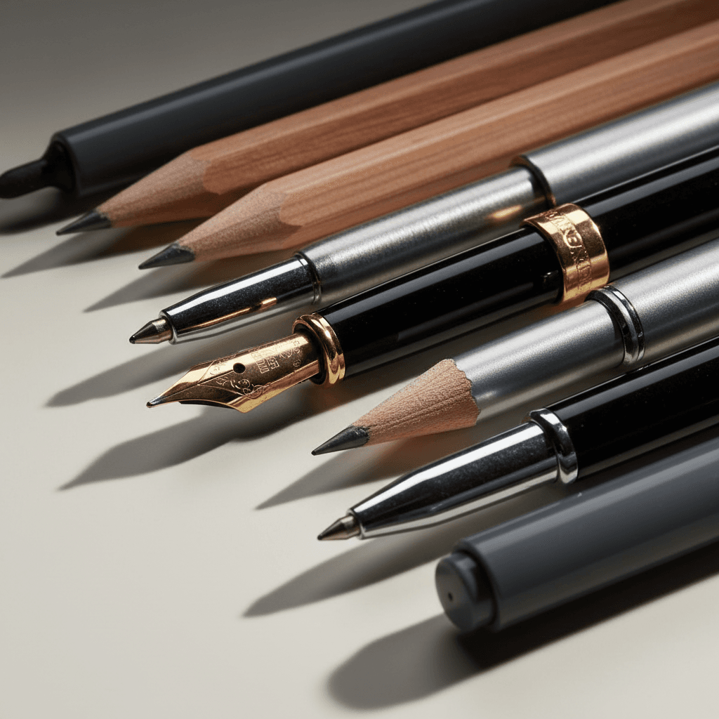Extreme close-up of sharpened pencils, pens, and markers showing intricate details and quality craftsmanship