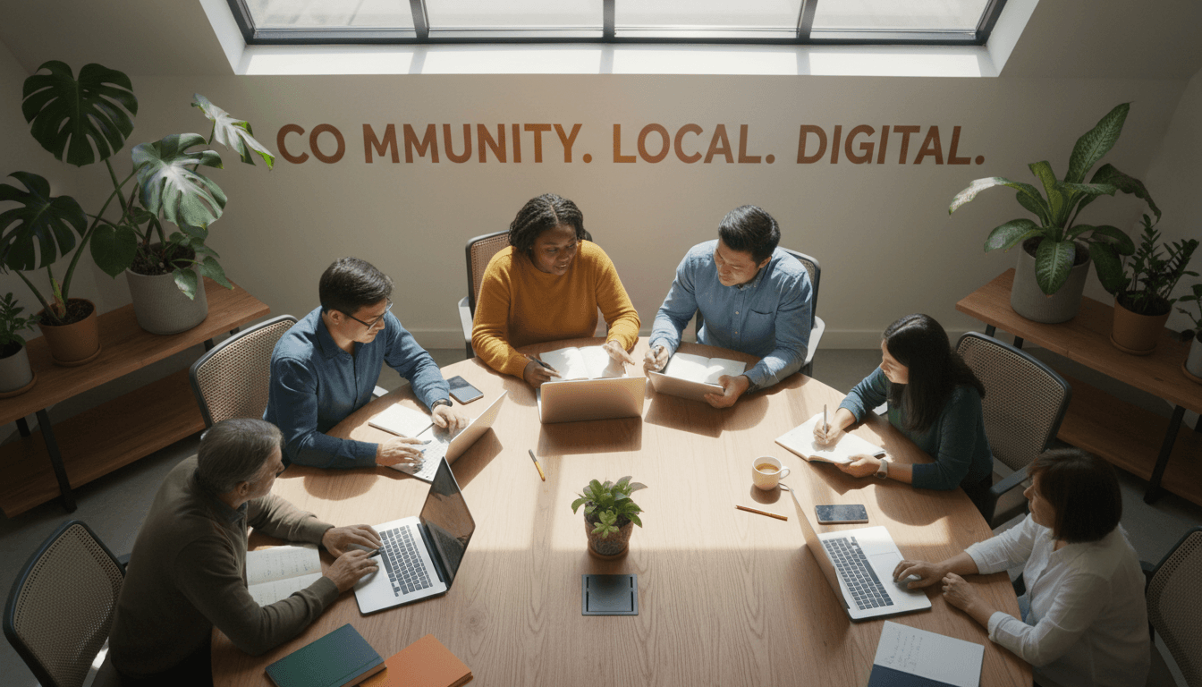 Diverse team collaborating around wooden table with laptops and devices in naturally-lit modern meeting space