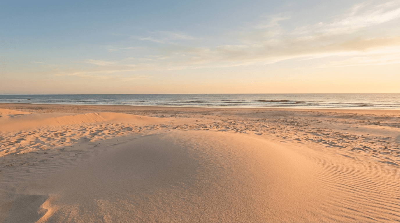 Golden hour beach landscape with soft sand and calm ocean horizon extending to distant sky