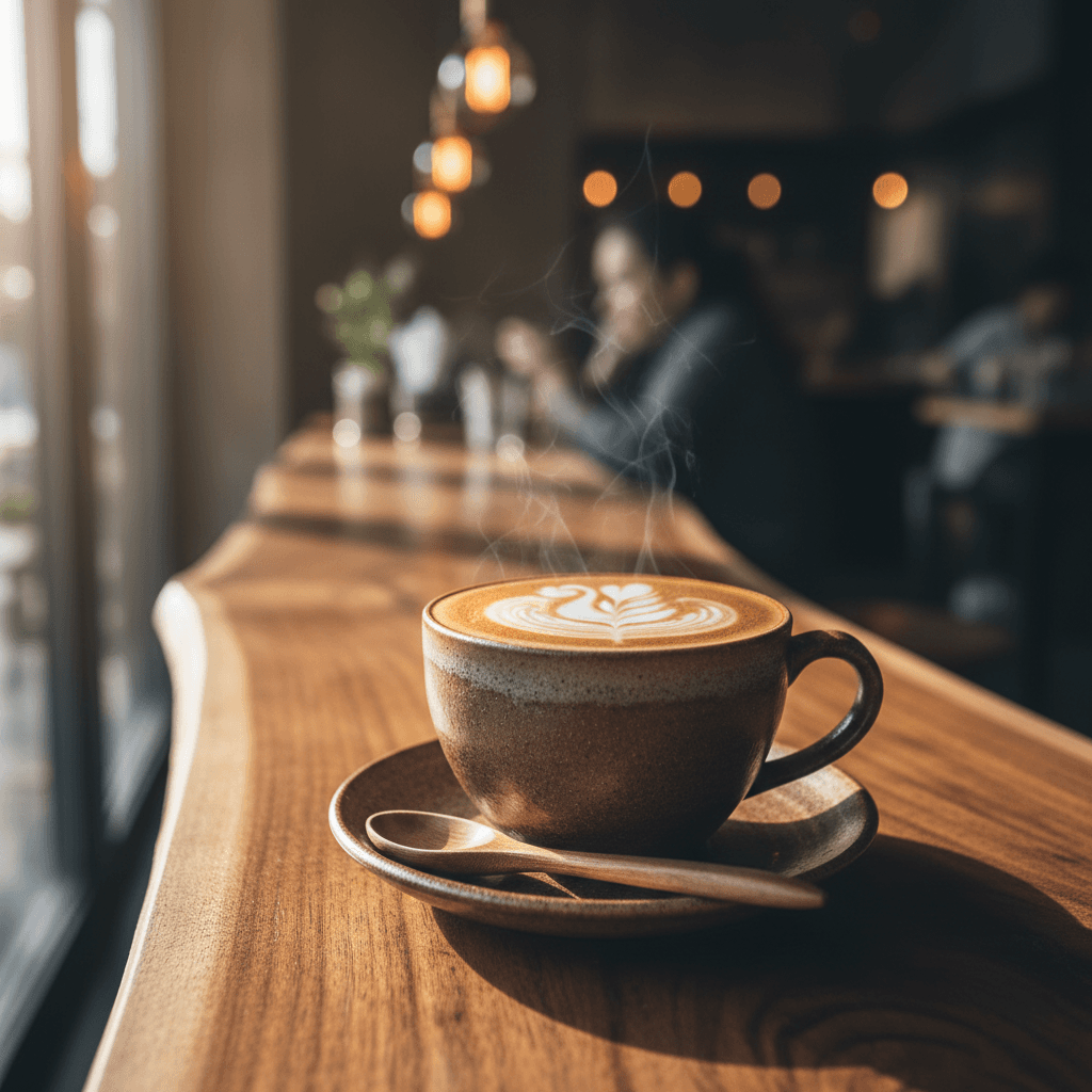 Artfully presented specialty coffee beverage in ceramic cup with latte art, photographed with warm natural light and rustic presentation