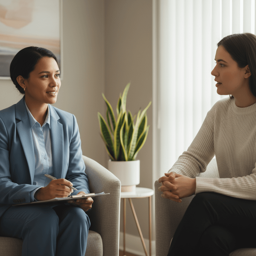Mental health clinician and patient in empathetic therapeutic consultation, sharing a moment of open communication in comfortable clinical office