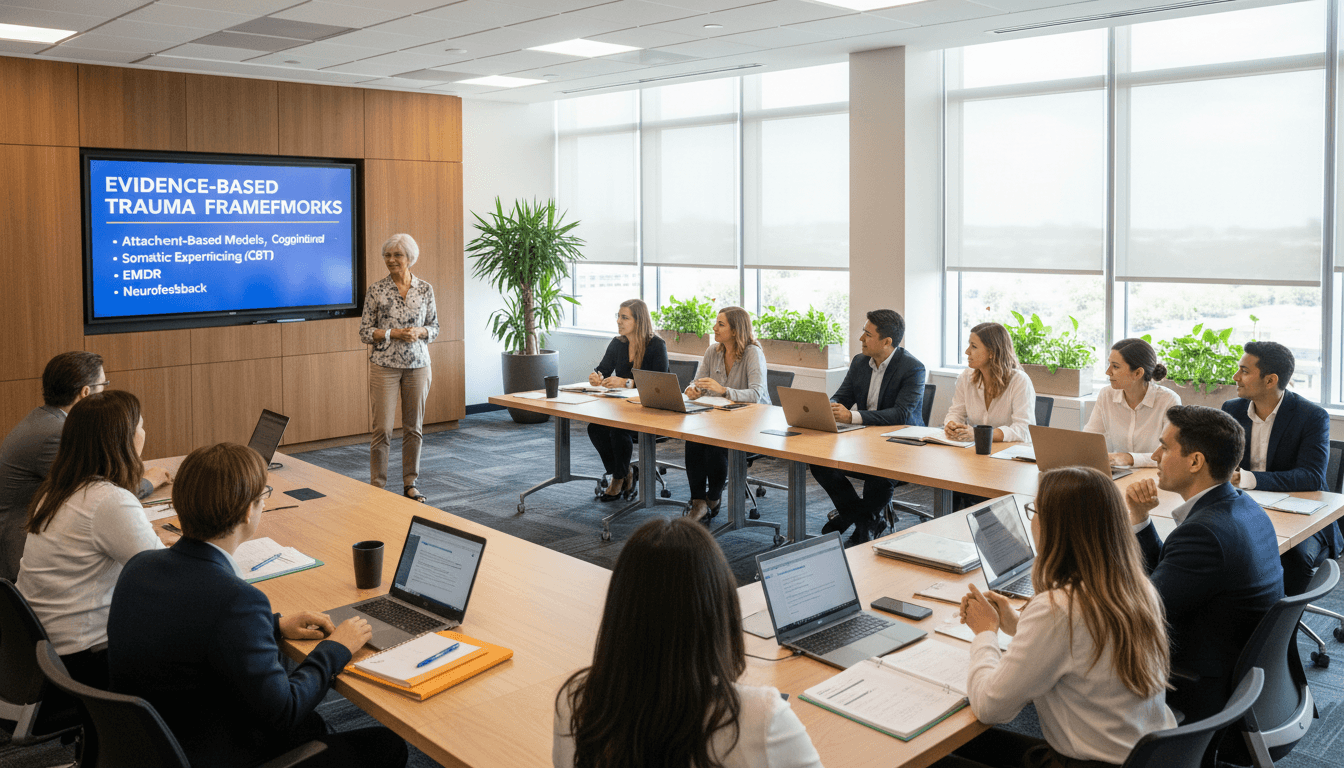 Diverse mental health practitioners attending in-person training workshop with instructor and collaborative learning materials visible