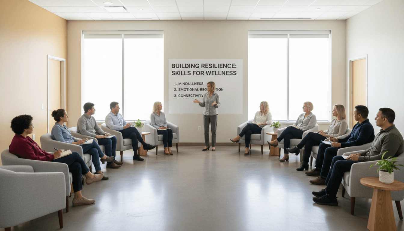 Diverse group therapy workshop with participants seated in semi-circle led by professional facilitator with natural daylight
