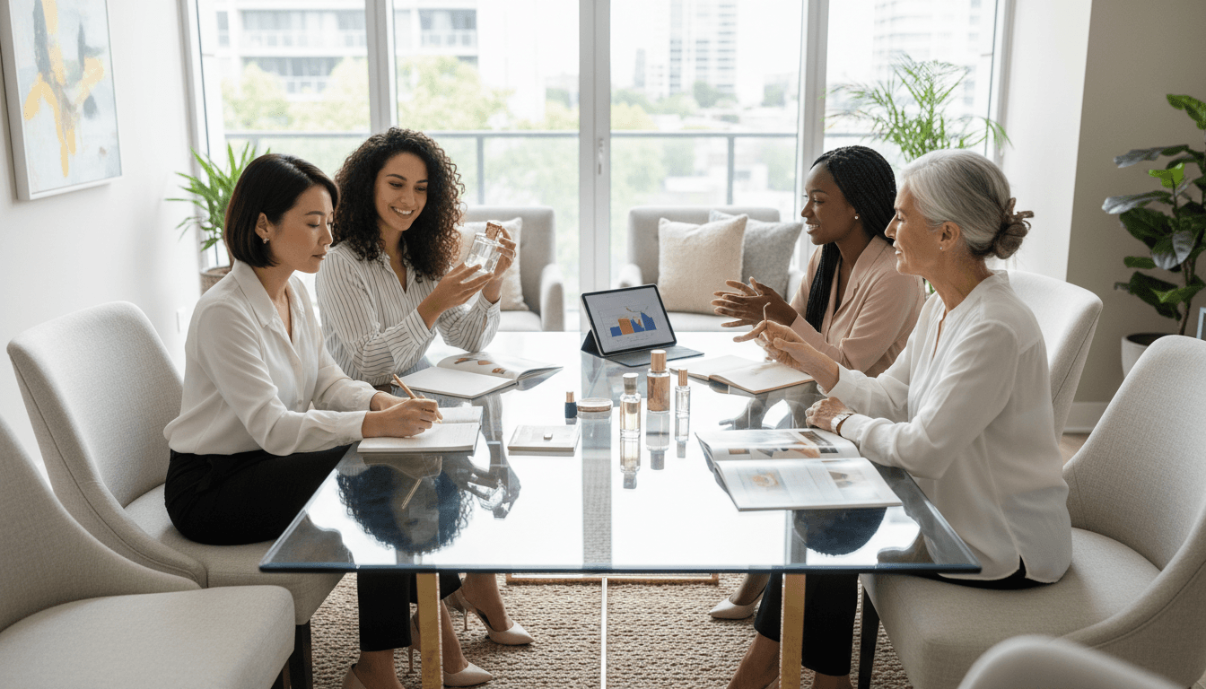 Diverse group of women examining cosmetics and fragrances together at a bright product presentation gathering in modern living room