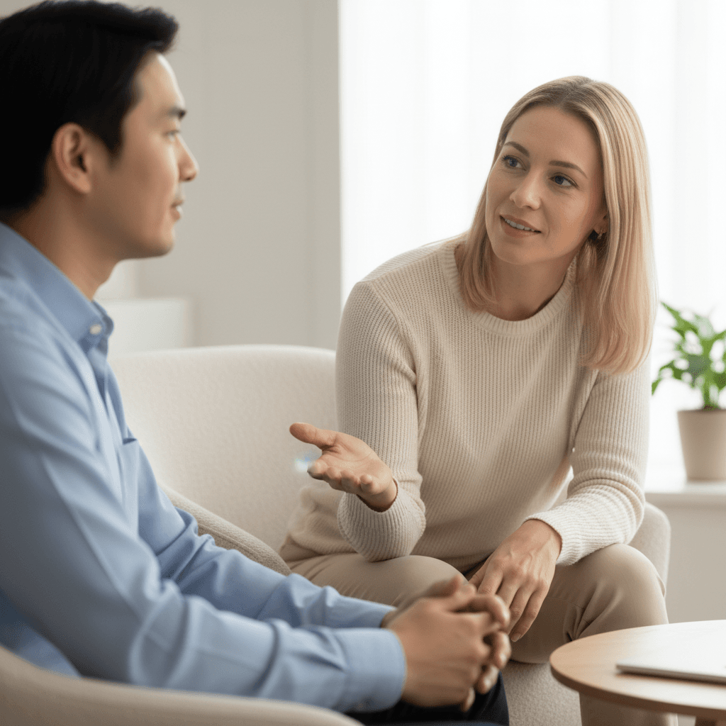 Coach and client engaged in attentive conversation during interpersonal skills coaching session with natural body language and genuine connection