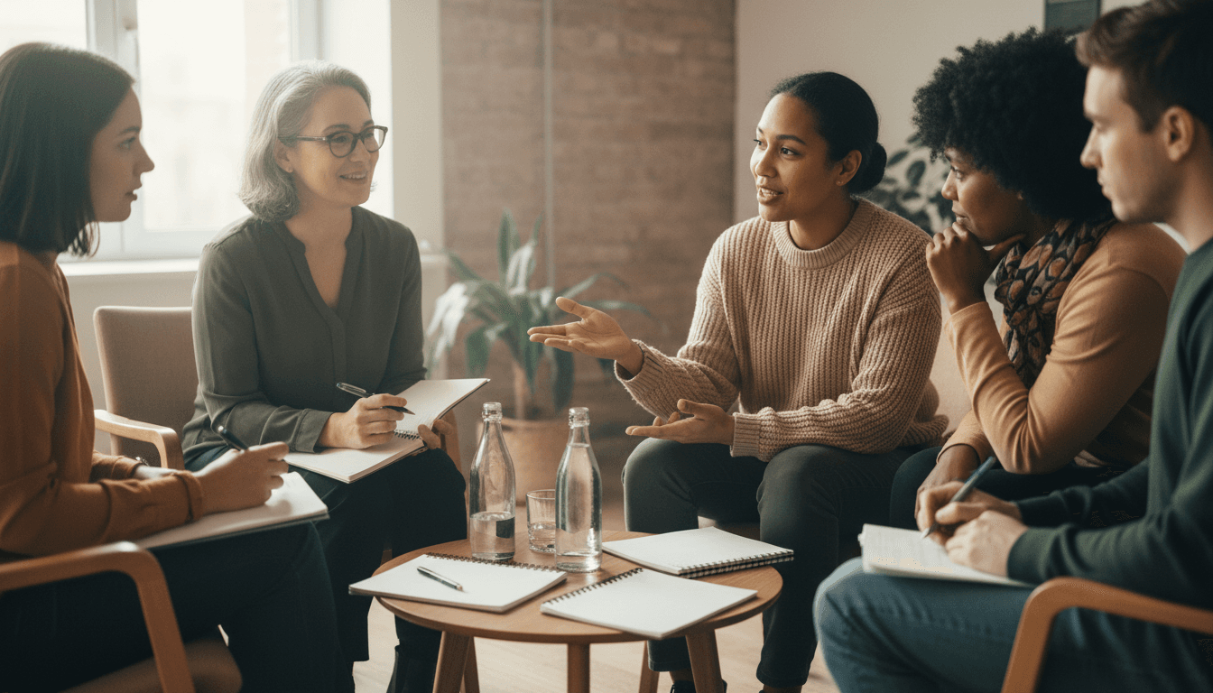Diverse group of four people in supportive circle discussing goals with notebooks and attentive expressions