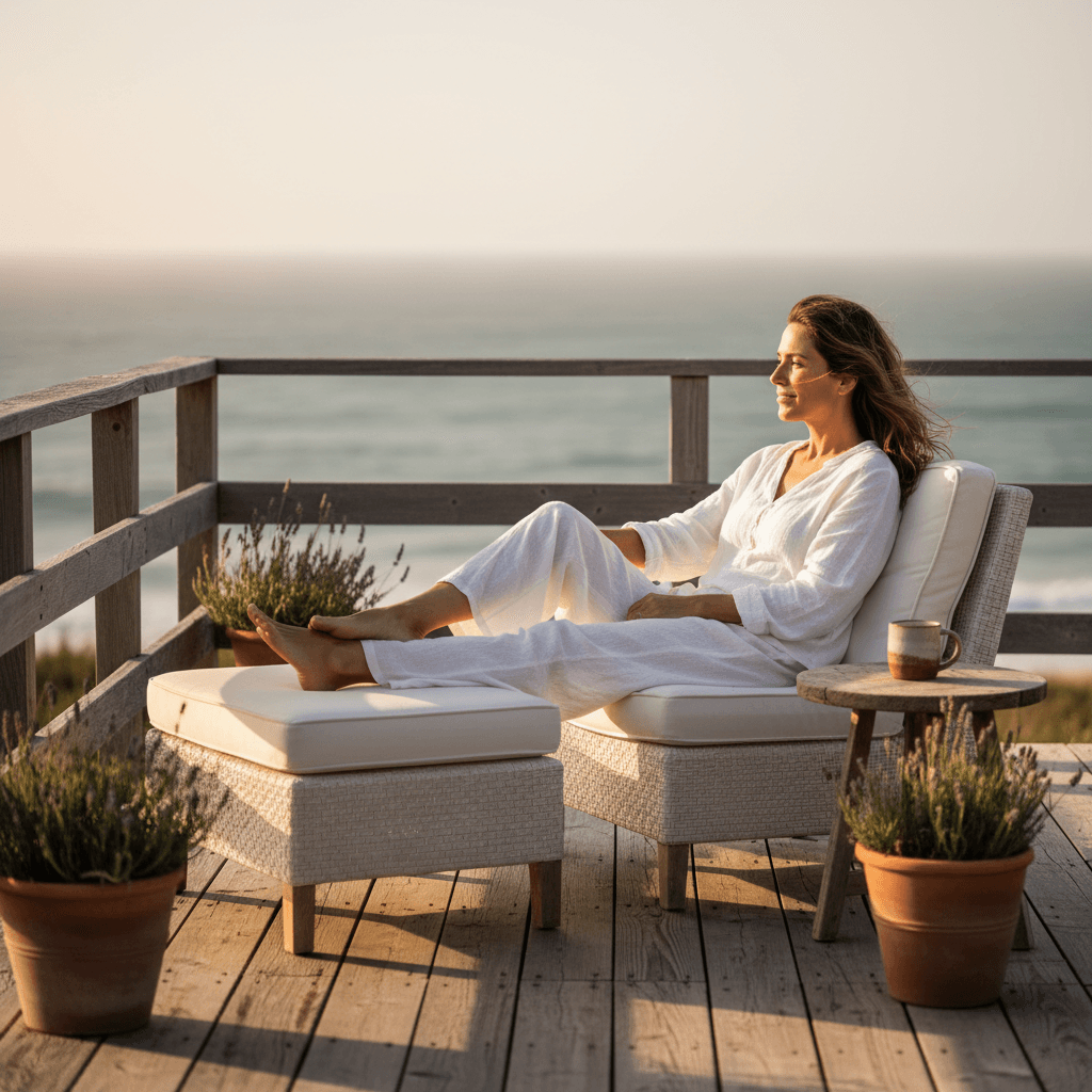 Guest relaxing on wooden deck overlooking ocean during golden hour, embodying peaceful coastal accommodation experience