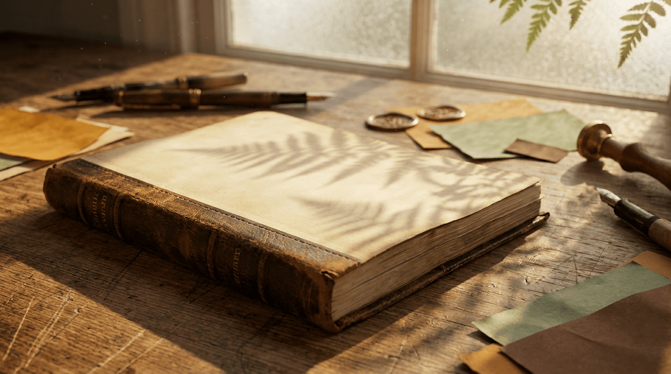 Leather notebook open on wooden desk in soft golden sunlight with plant shadows and scattered pens