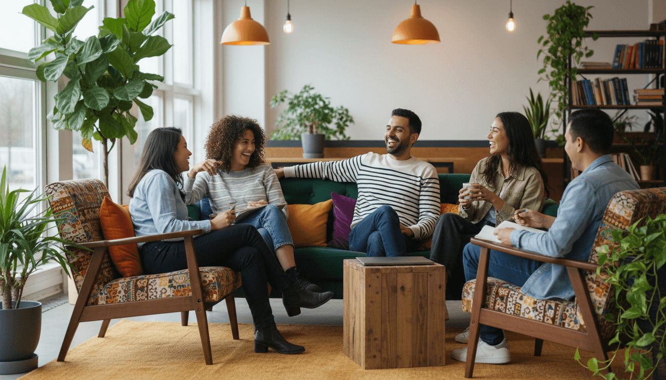Diverse group of people engaged in friendly conversation and laughter in a comfortable, warmly lit community lounge space