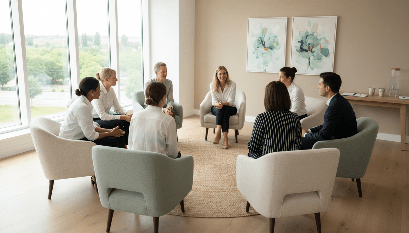 Diverse group of mental health professionals sitting in circle during group supervision session in bright, modern studio space with natural lighting