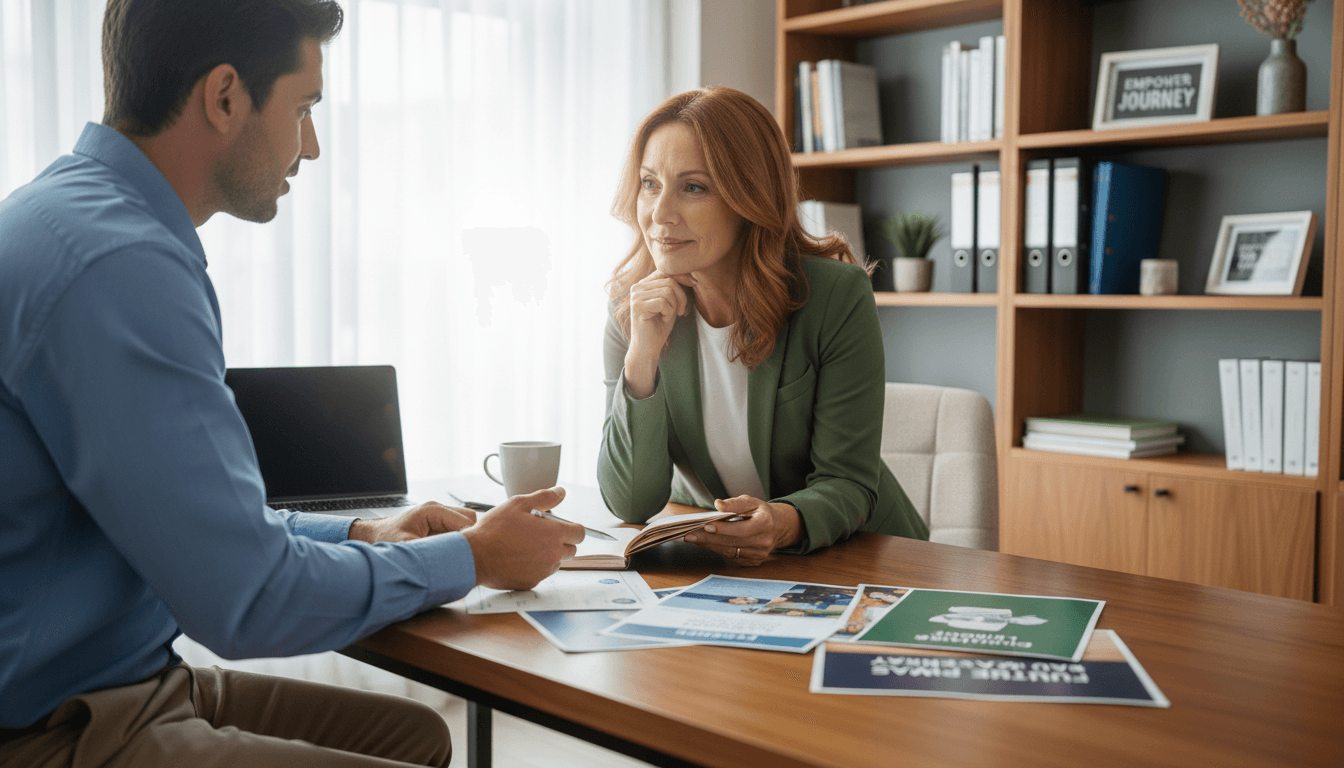 Mature professional woman consulting with education advisor over course documents in bright, modern office setting