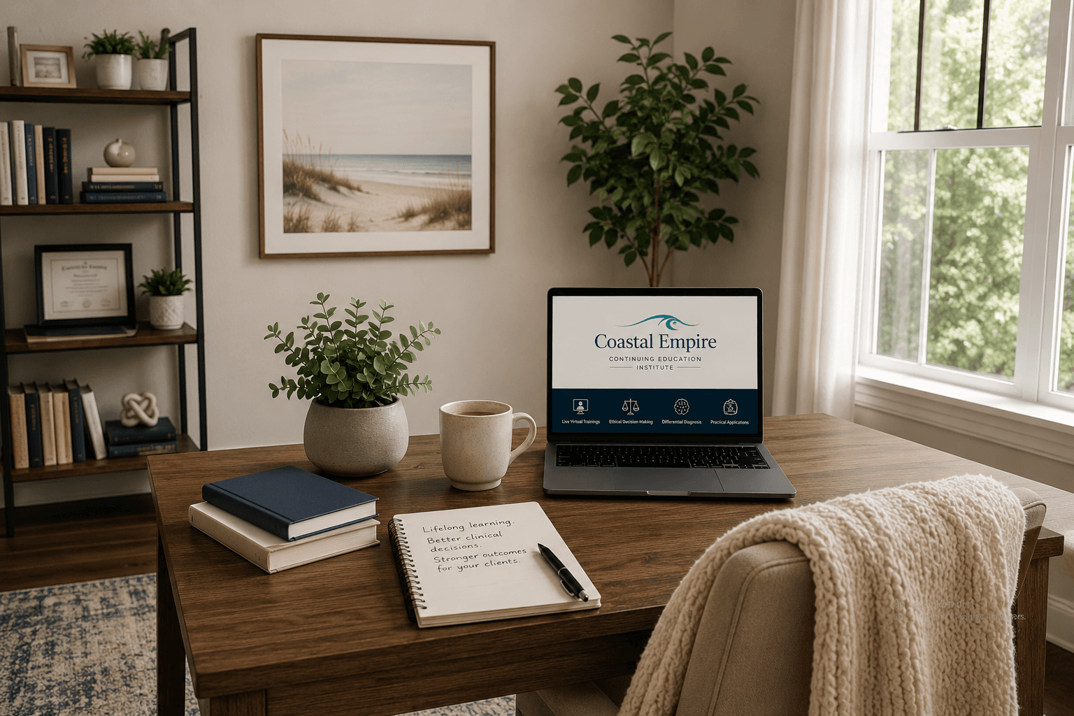 Laptop displaying Coastal Empire Continuing Education Institute on a desk with a notebook and coffee.