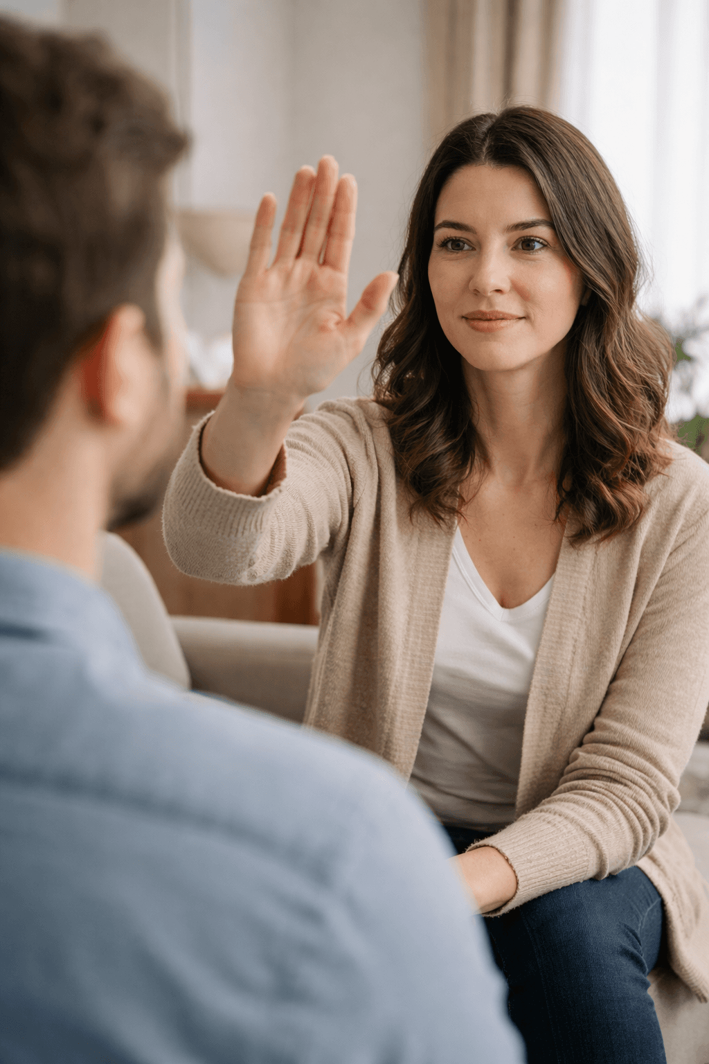 Woman in a beige cardigan raises her hand while looking calmly at a man.