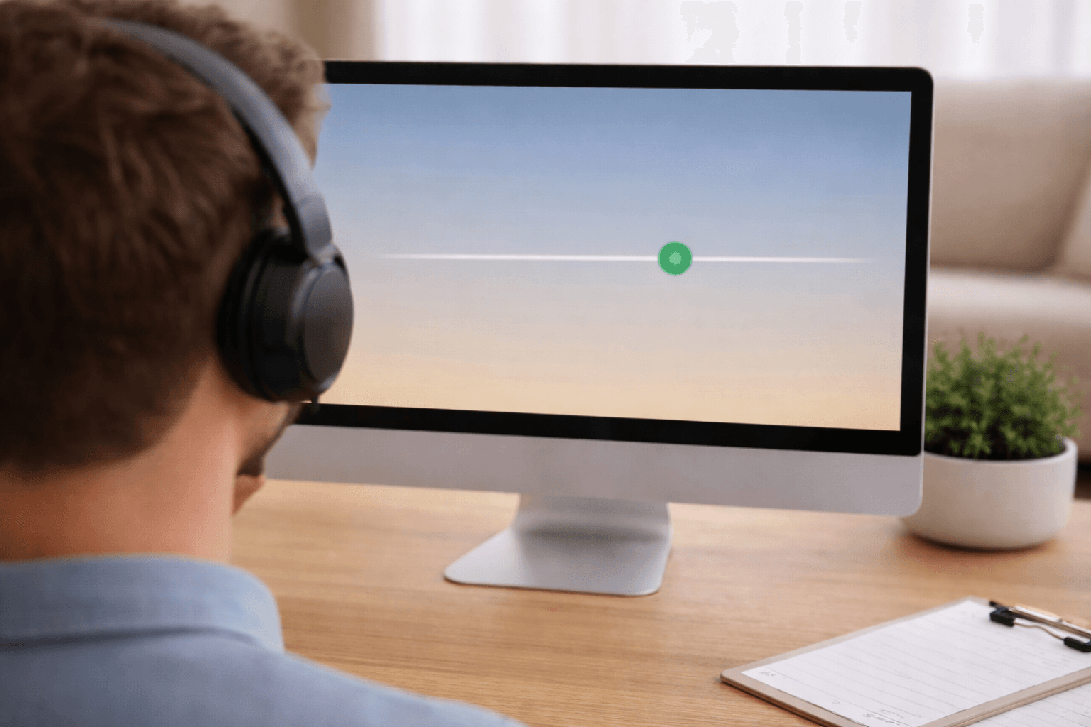 Man wearing headphones looks at a computer monitor displaying a simple audio frequency test.