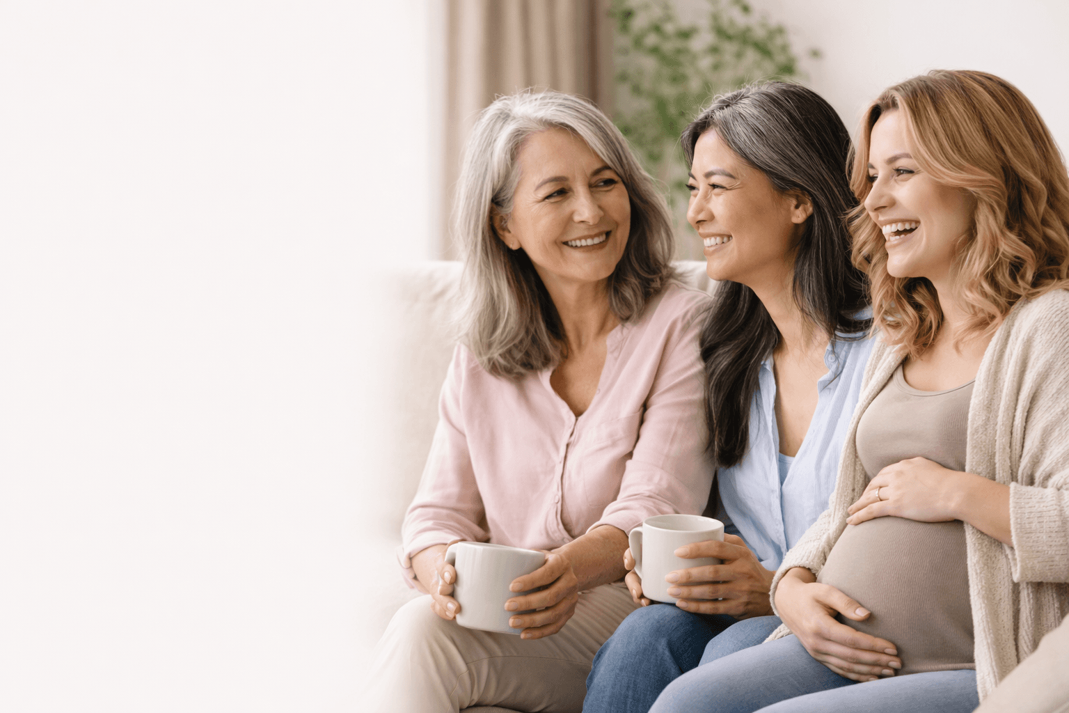 Three generations of women laughing together on a couch, including one expectant mother.