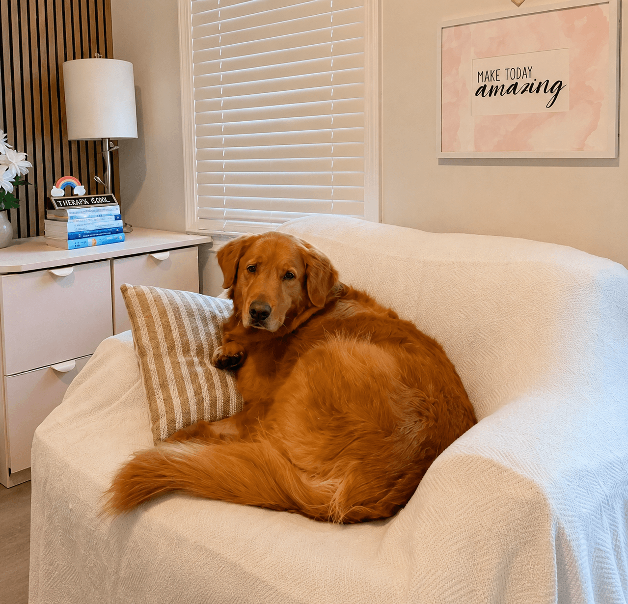 A golden retriever curled up on a white armchair next to a tan striped pillow.