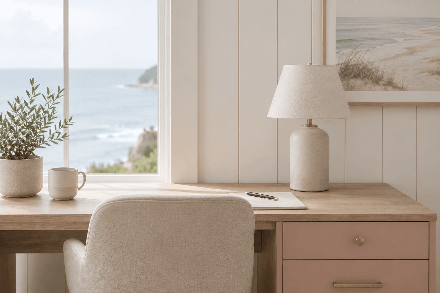 Minimalist wooden desk with a lamp and plant overlooking a scenic coastal ocean view.