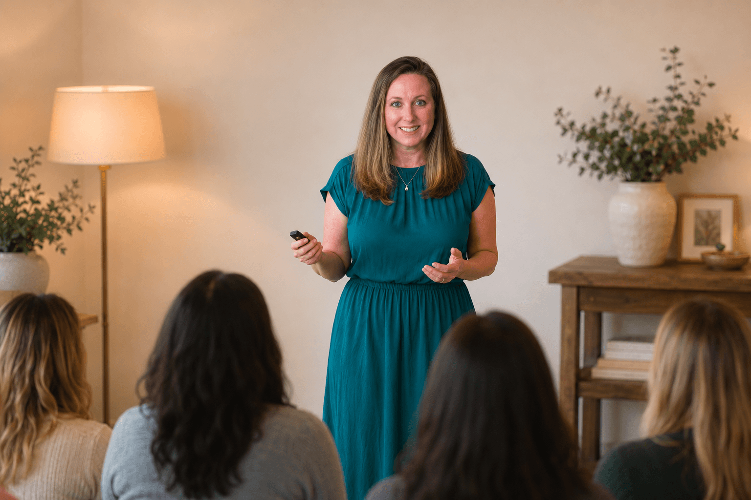 Smiling woman in a teal dress presents to a small group of seated women.
