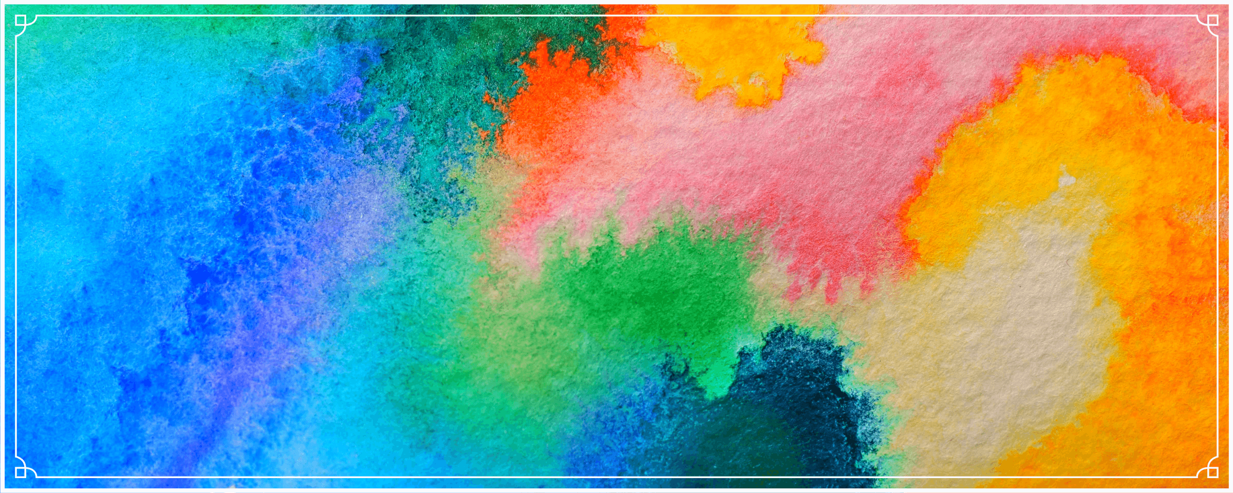 Vibrant abstract watercolor painting with bleeding splashes of blue, green, orange, pink, and yellow.