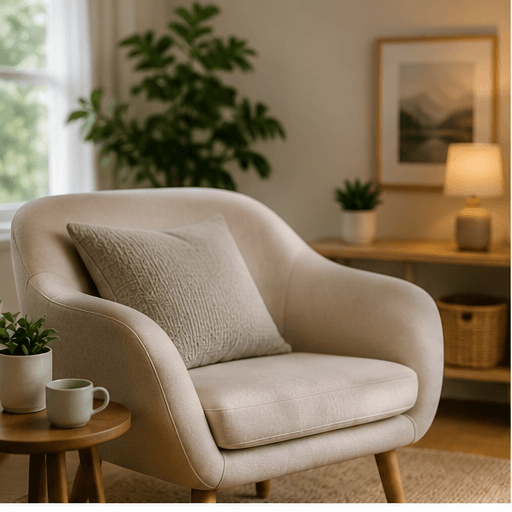 Beige armchair with a textured pillow in a cozy, sunlit living room with plants.