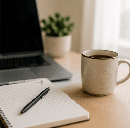 Spiral notebook and pen beside a ceramic coffee mug on a wooden desk with laptop.