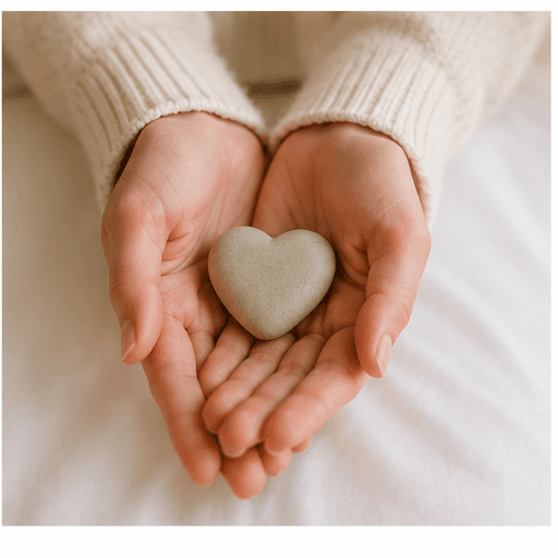Cupped hands gently cradling a smooth, light-colored stone heart against a soft white fabric backdrop.