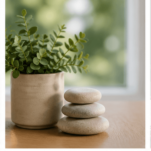 Green plant in a ceramic pot next to a stack of three smooth stones.