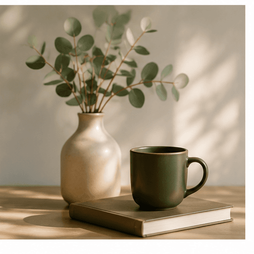 Green mug on a book beside a vase of eucalyptus branches in dappled sunlight.